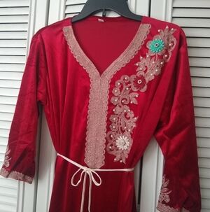 Moroccan Soft Embroidered Red 3/4 Sleeve Maxi Dress New